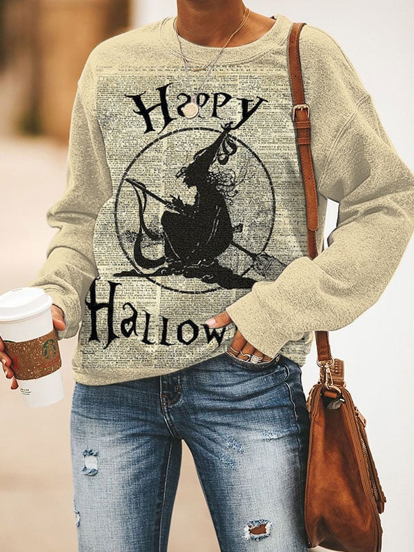 Women's Happy Halloween Witch With Broom Print Sweatshirt